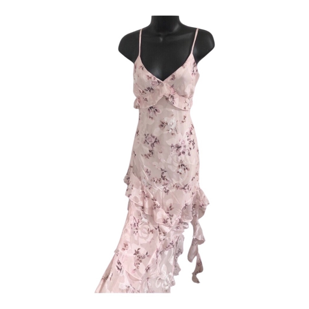 Jessica Simpson pink blush floral vneck asymmetrical ruffle hem dress size small
